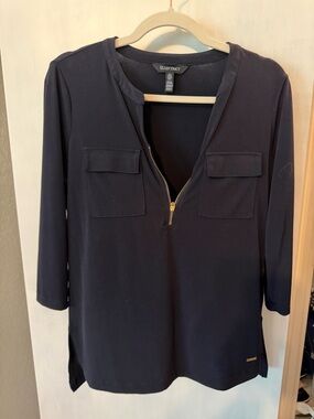 Ellen Tracy Navy Zip-Pocket Long Sleeve Top